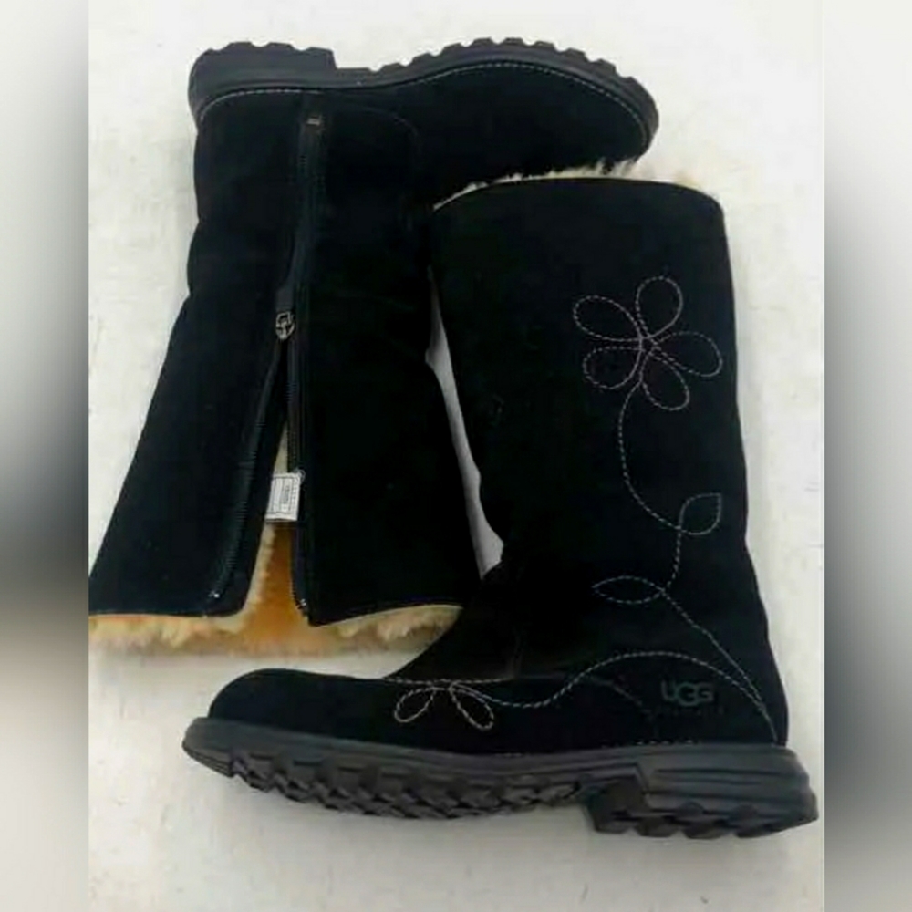 UGG Womens Black Round Toe Mid-Calf Block Heel Winter Boots US 6